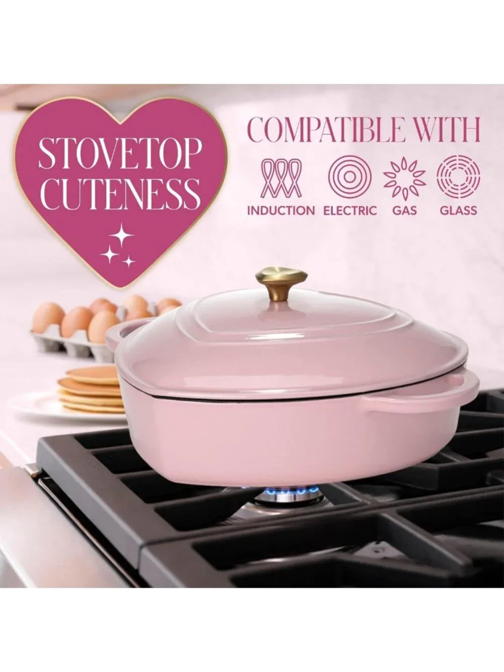 Heart-Shaped Enameled Cast Iron Braiser & Skillet with Lid, 3.5-Quart, Pink